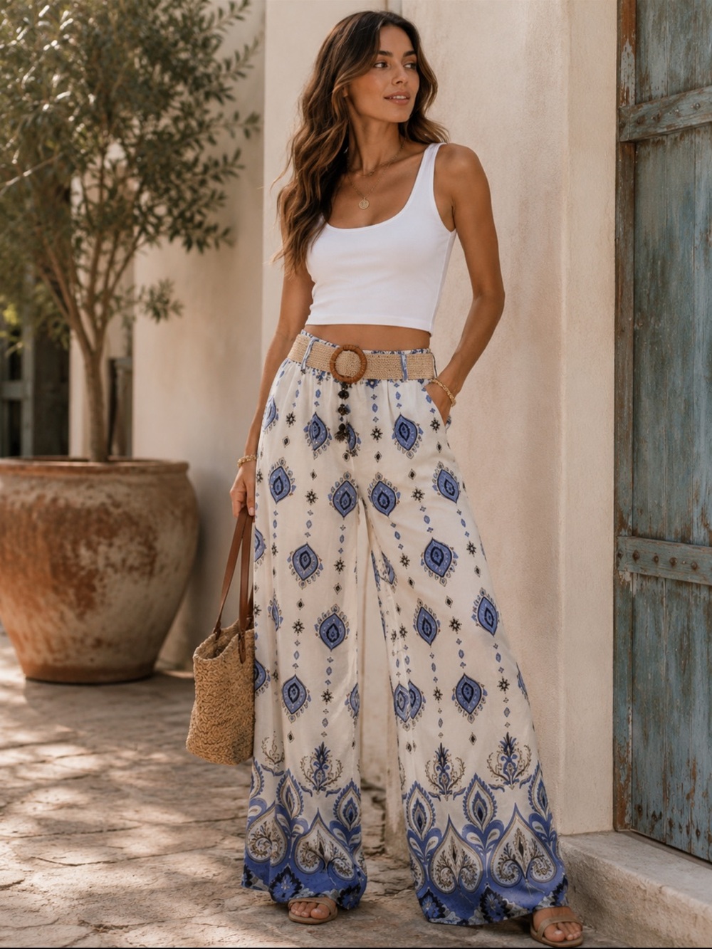 MADE IN ITALY Boho Wide-Leg Printed Pants -